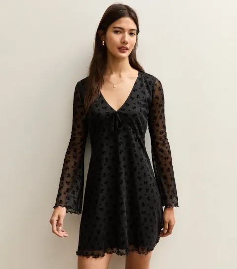 Women's Black Flocked Mesh Flared Sleeve Mini Dress