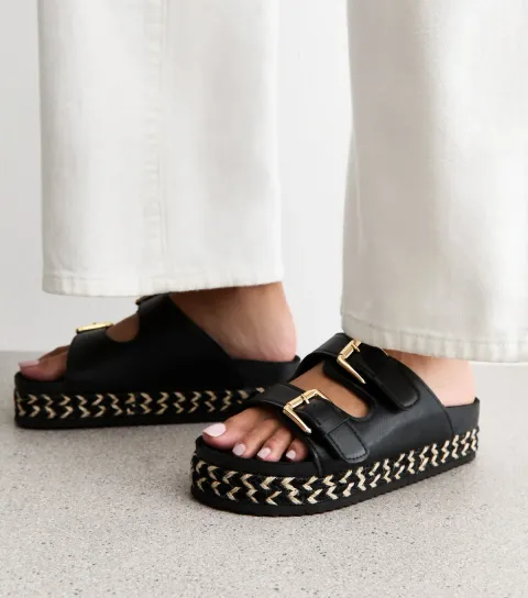 Women's Wide Fit Black Faux Leather Double Buckle Flatform Mule Sandals Vegan