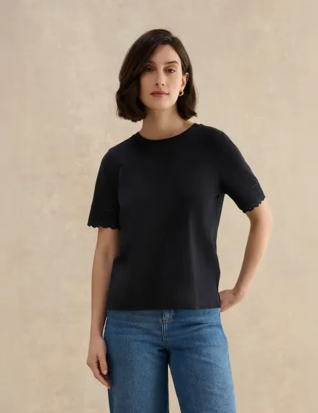 Hobbs Pure Cotton Broderie T-Shirt Blue