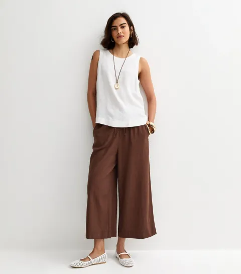 Women's Brown Linen Blend Crop Trousers