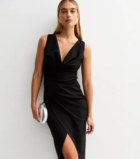Women's Black Cowl Neck Draped Midi Dress