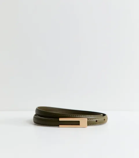 Khaki Faux Leather Rectangle Buckle Skinny Belt