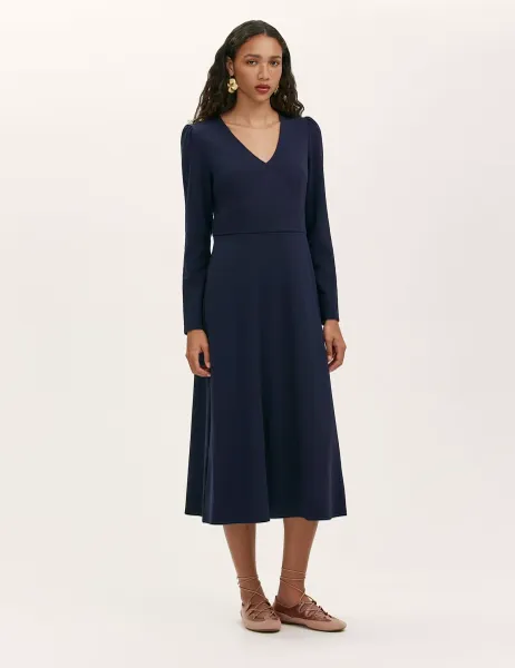 Finery London Ponte Jersey V-Neck Midi Waisted Dress Navy