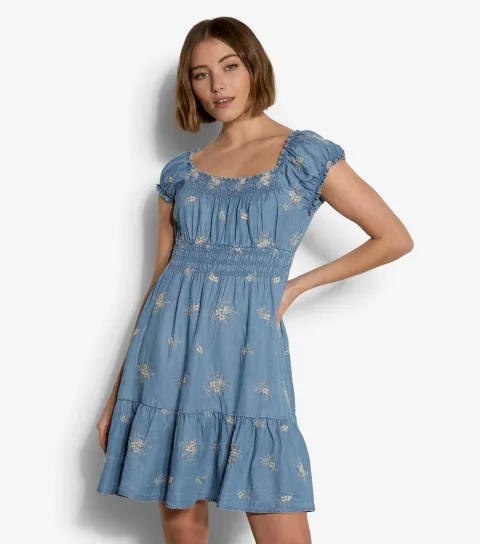 Women's Blue Floral Embroidered Milkmaid Dress