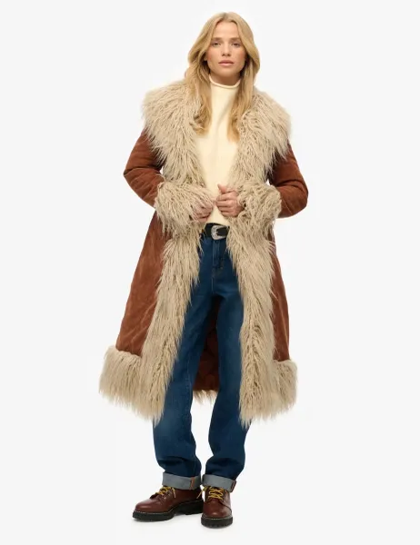 Superdry & Co Faux Fur Trim Longline Afghan Coat Brown Mix