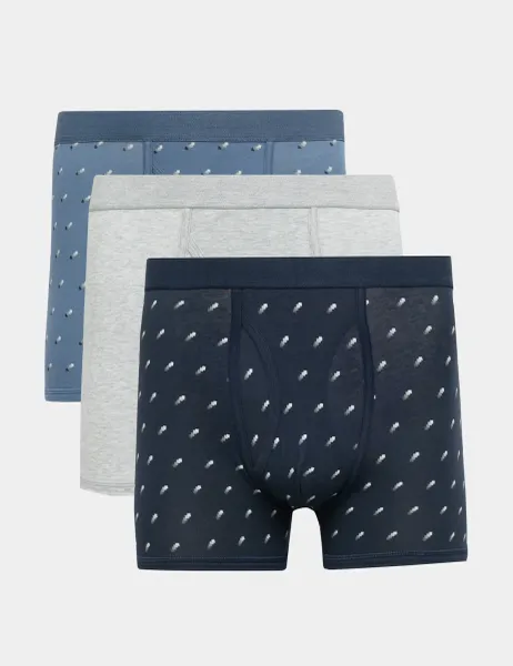 Marks & Spencer 3 Pack Cotton Stretch Print Trunks Blue Mix