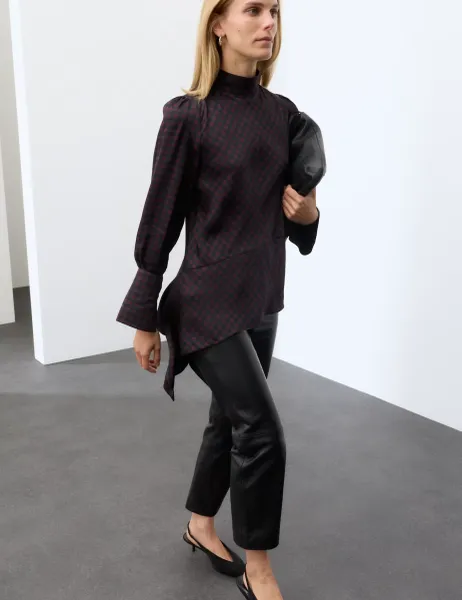 Autograph Satin Checked Tie Neck Asymmetric Blouse Red Mix