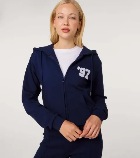 Women's Navy 1997 Embroidered Zip Crop Hoodie