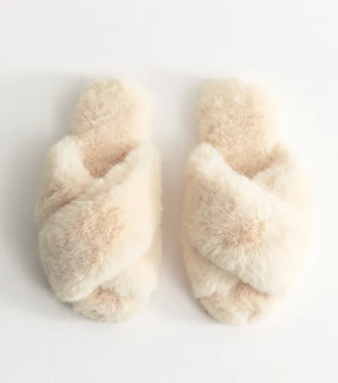 Women's Off White Faux Fur Slider Slippers Vegan