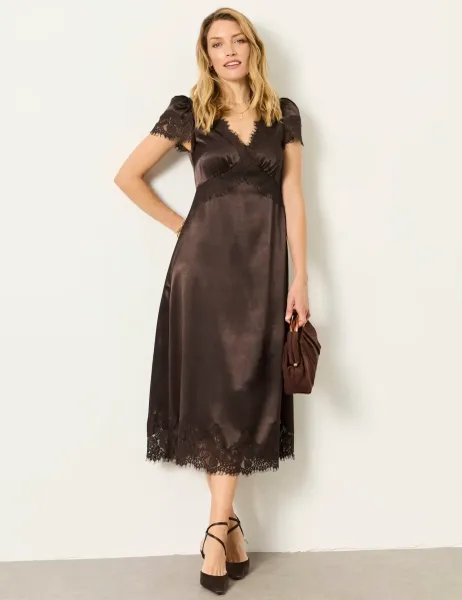 FatFace Lace Insert V-Neck Midi Tea Dress Chocolate