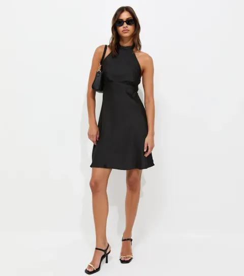 New Look Women's Black Satin Halterneck Mini Dress