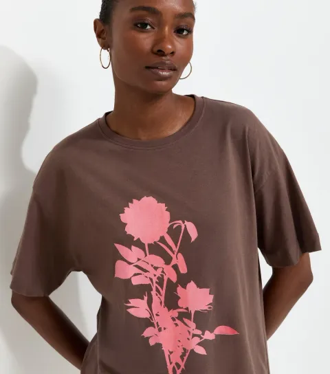 Women's Dark Brown Cotton Floral Oversized T-Shirt