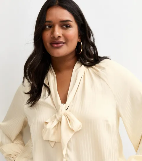 Women's Plus Size Cream Satin Stripe Pussybow Shirt Curves