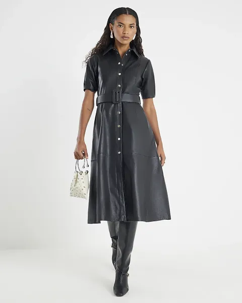 River Island Leather Belted Shirt Dress