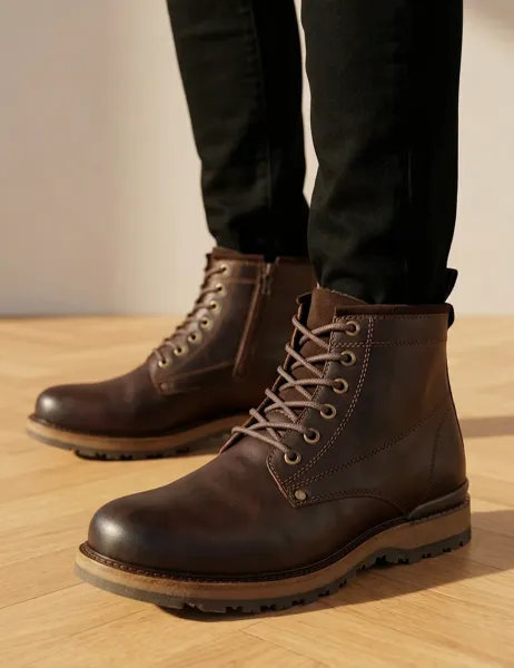 Jones Bootmaker Leather Lace Up Side Zip Casual Boots Dark Brown