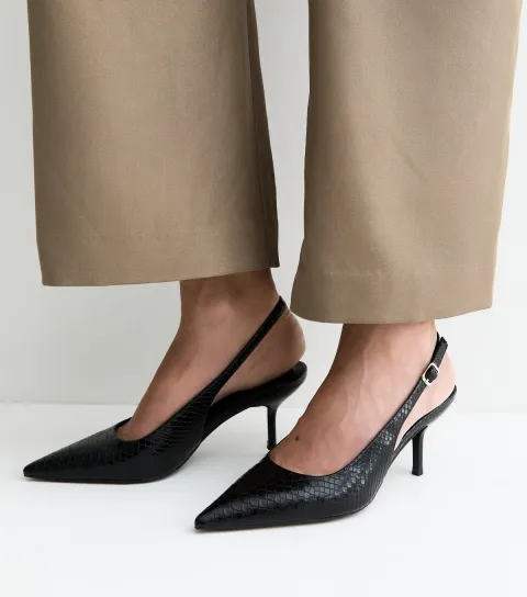Women's Black Faux Leather Snakeskin Embossed Slingback Heels Vegan