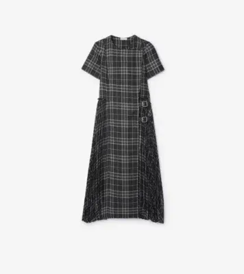 Check Wool Blend Kilt Dress in Onyx grey/light grey