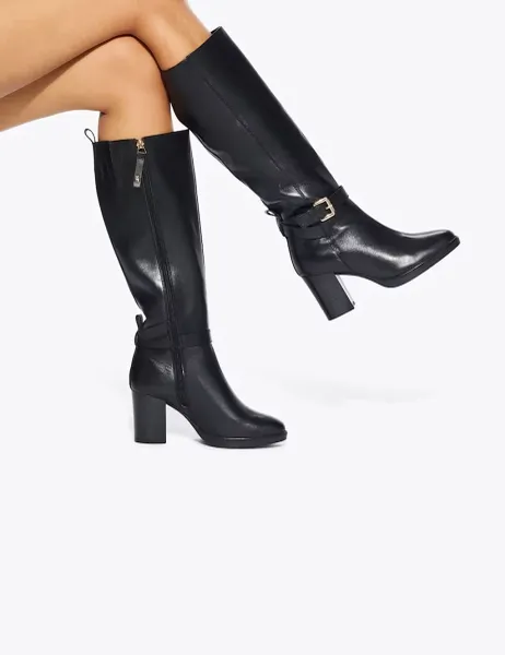 Kurt Geiger Leather Buckle Block Heel Knee High Boots Black