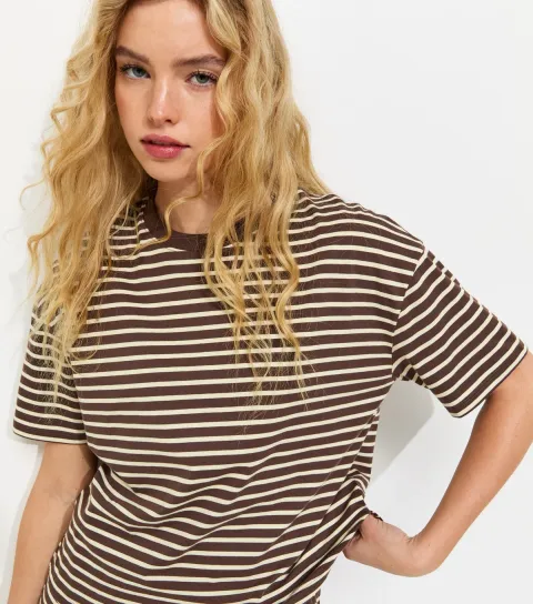 Women's Brown and White Cotton Striped T-Shirt
