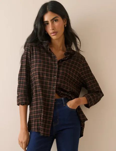 Nobody's Child Checked Collared Shirt Brown