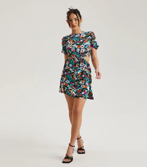 Women's Black Floral Print Cut Out Mini Dress