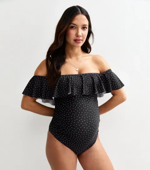 Women's Maternity Black Polka Dot Frilly Trim Swimsuit