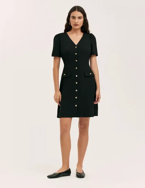Finery London V-Neck Button Through Tailored Dress Black