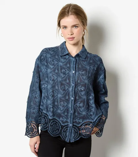 Women's Navy Floral Crochet Hem Blouse