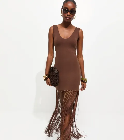 Women's Brown Compact Tassel Hem Mini Dress