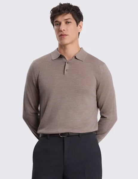 Moss Merino Wool Rich Knitted Polo Shirt Taupe