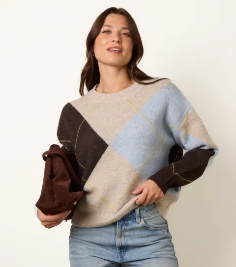 Blue Vanilla Women's Blue Argyle Knitted Jumper