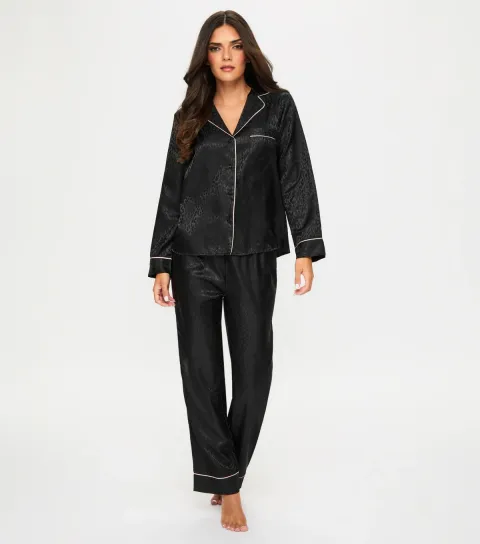 Women's Black Signature Satin Long Sleeve Top and Trouser Pyjama Set