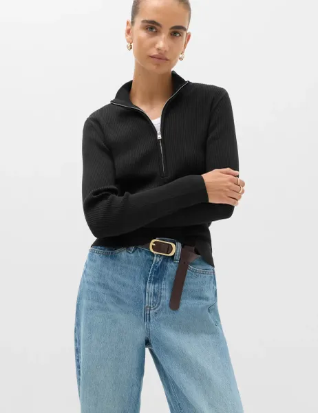 Marks & Spencer Ribbed Textured Half Zip Fitted Knitted Top Black