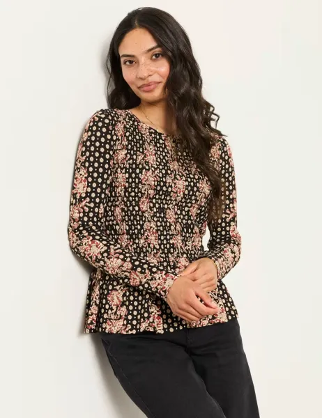 Cotton Rich Floral Shirred Peplum Top Black Mix