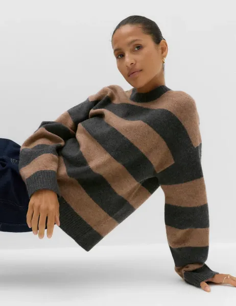 Marks & Spencer Striped Crew Neck Relaxed Jumper with Wool Charcoal Mix