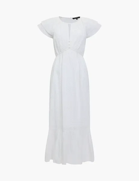 Pure Cotton Broderie Midi Tiered Waisted Dress White