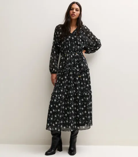 New Look Women's Black Ditsy Print Chiffon Frill Tie Midi Dress