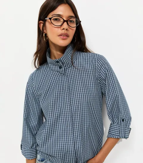 Women's Navy Check Cropped Sleeve Funnel Neck Shirt
