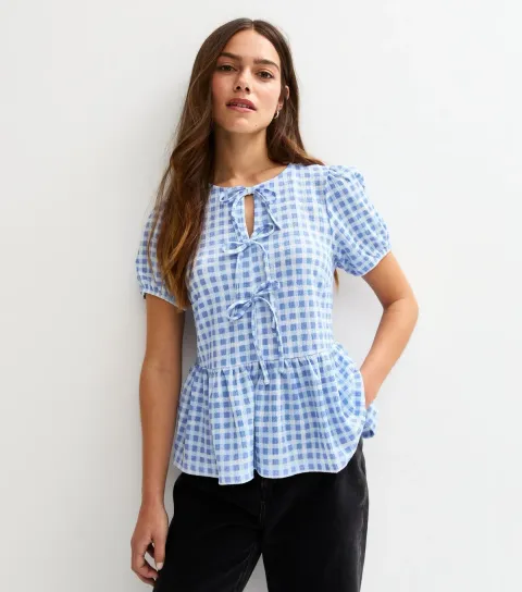 Women's Petite Blue Gingham Check Tie Front Top