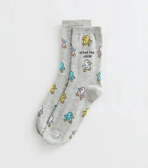 New Look Grey Cotton Rich What The Duck Slogan Ankle Socks