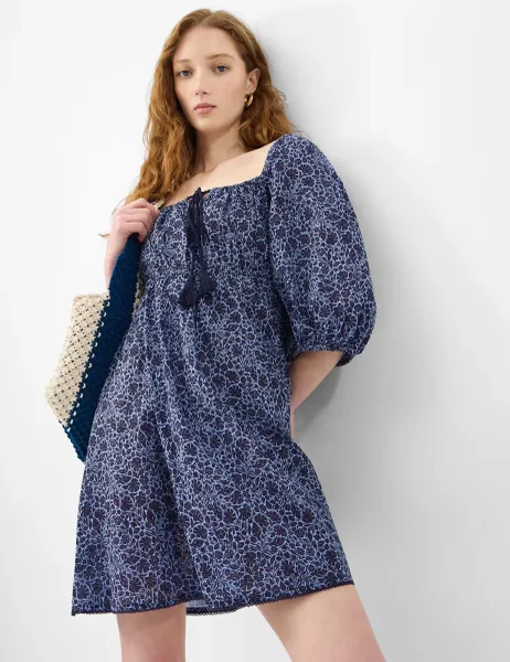 Accessorize Floral Tie Front Puff Sleeve Mini Beach Dress Blue