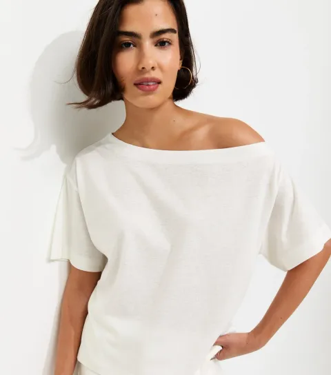Women's Cream Textured Off The Shoulder T-Shirt