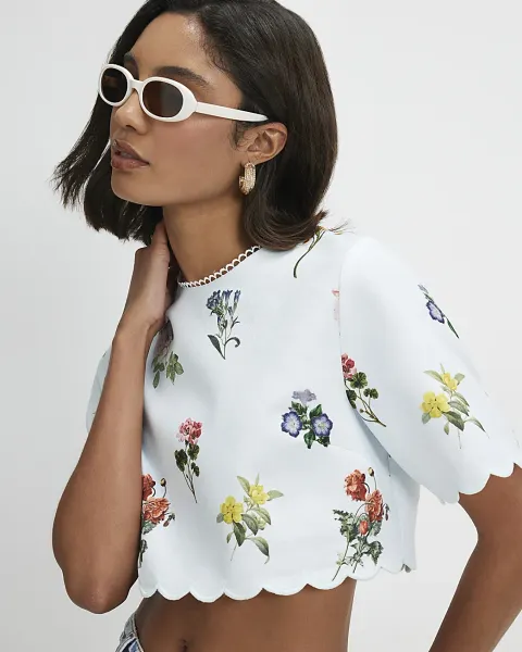 River Island Woven Floral Scallop Trim Shell Top