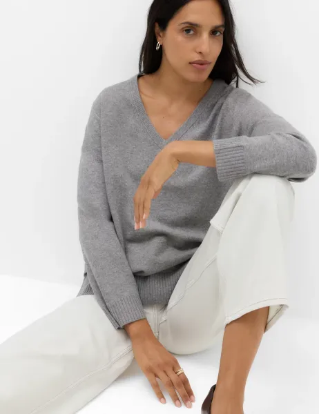 Marks & Spencer Air-Yarn V-Neck Oversized Longline Jumper Mid Grey Marl
