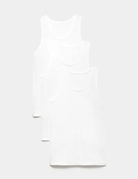 Marks & Spencer 3 Pack Pure Cotton Classic Sleeveless Mesh Vests White