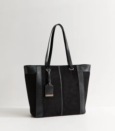 Black Faux Suede Textured Panel Tote Bag School Vegan