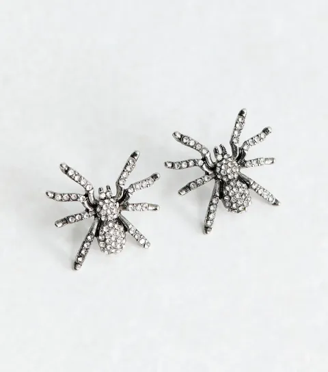 Silver Tone Spider Stud Embellished Earrings