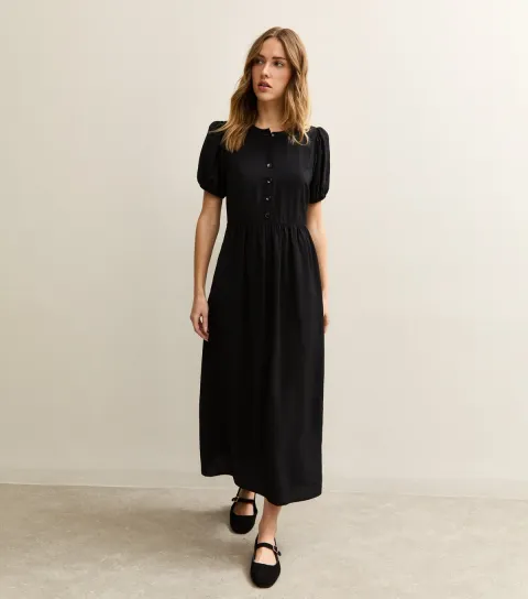 Women's Black Button Front Short Sleeve Midi Dress