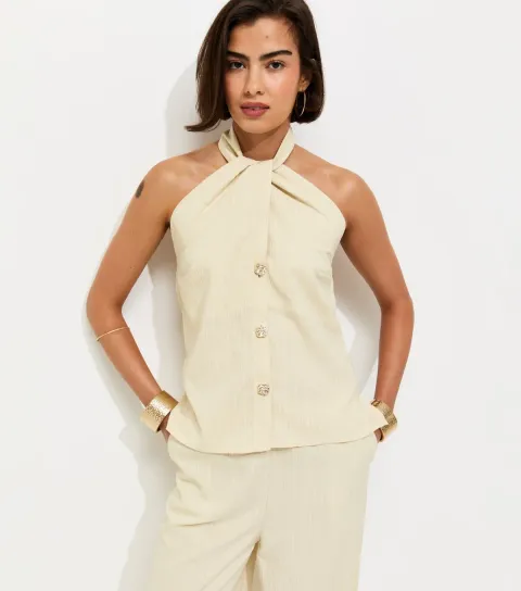 Women's Stone Button Detail Halter Neck Waistcoat Top