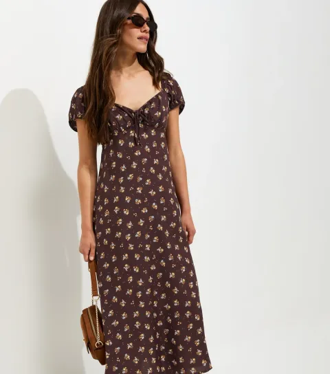 Women's Petite Brown Ditsy Print Milkmaid Midi Dress
